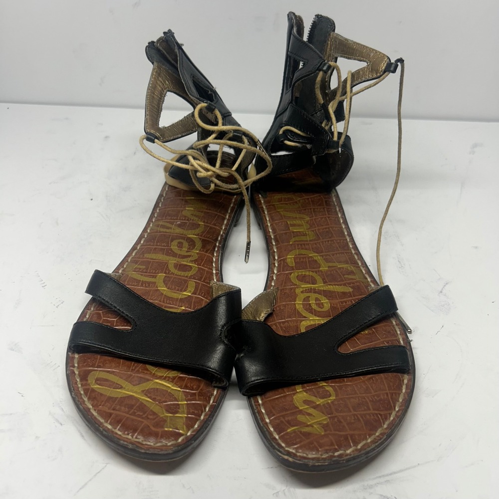 Sam Edelman Gladiator Sandals Black Leather Womens 7.5 Lace Up Back Zip Boho
